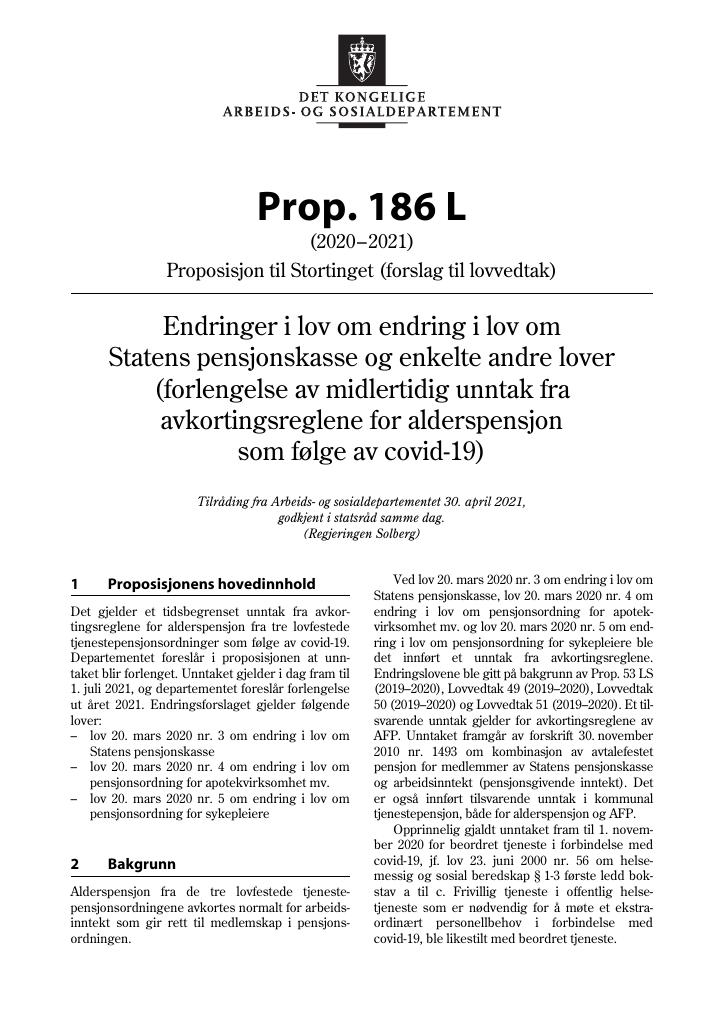 Forsiden av dokumentet Prop. 186 L (2020–2021)