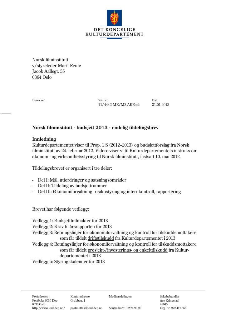 Forsiden av dokumentet Tildelingsbrev (.pdf)