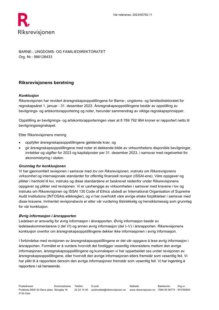 Forsiden av dokumentet Revisjonsberetning Bufdir 2023