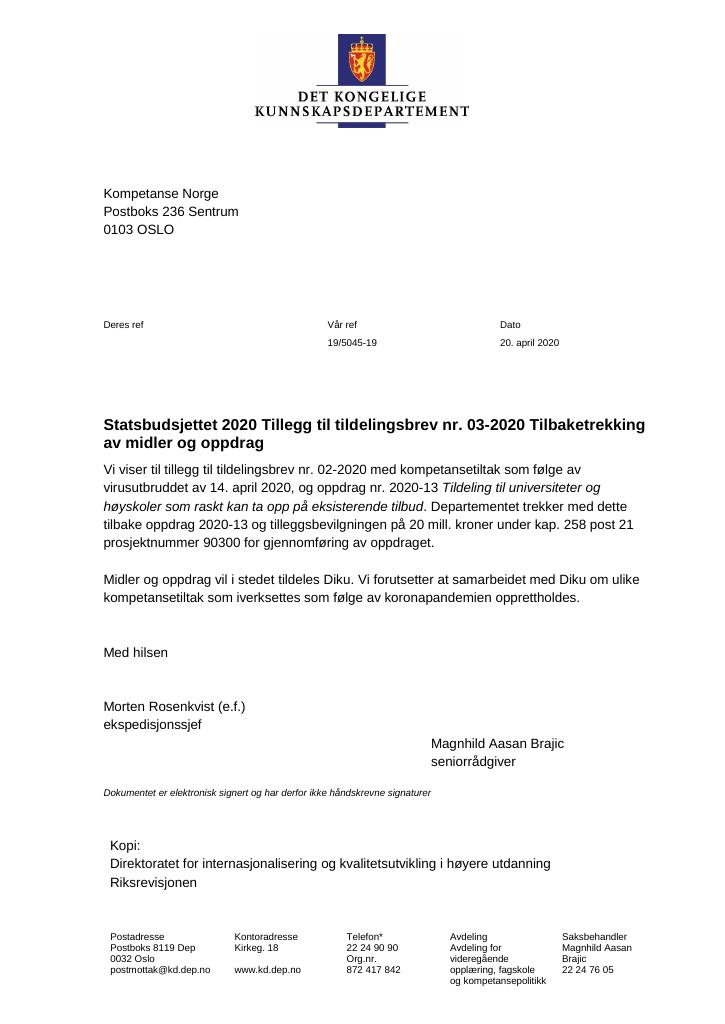 Forsiden av dokumentet Tillegg nr. 3 til tildelingsbrev 2020