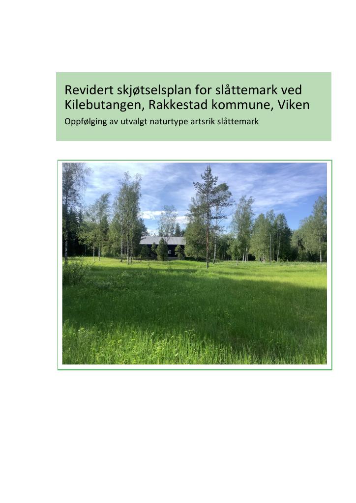 Forsiden av dokumentet Revidert skjøtselsplan for slåttemark ved Kilebutangen, Rakkestad kommune, Viken : Oppfølging av utvalgt naturtype artsrik slåttemark