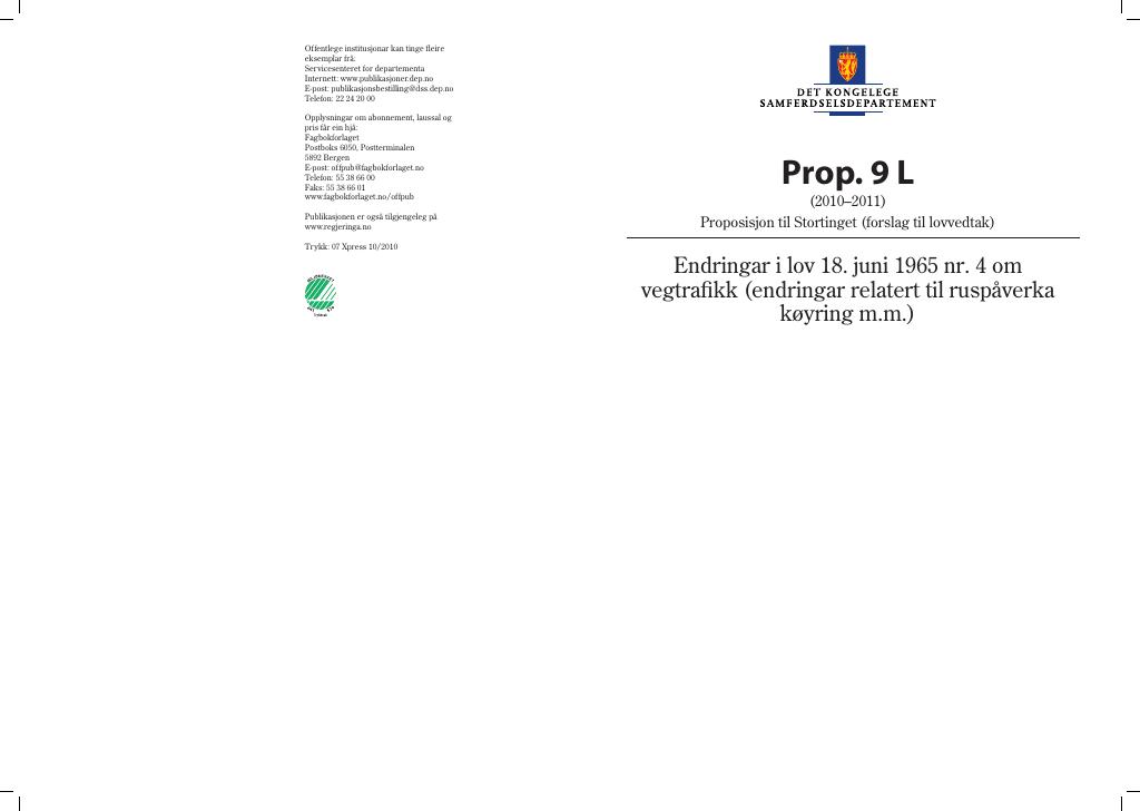 Forsiden av dokumentet Prop. 9 L  (2010–2011)