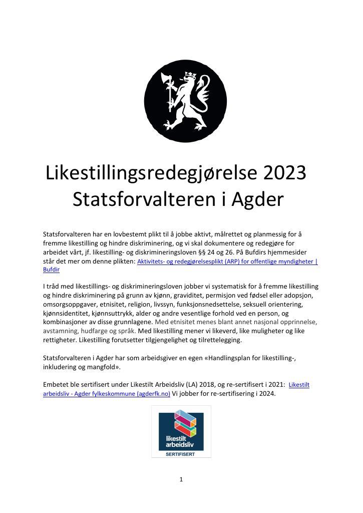 Forsiden av dokumentet Likestillingsredegjørelse 2023
Statsforvalteren i Agder