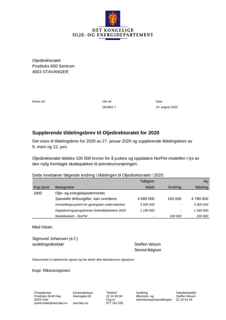 Forsiden av dokumentet Tildelingsbrev Oljedirektoratet 2020 - tillegg nr. 4