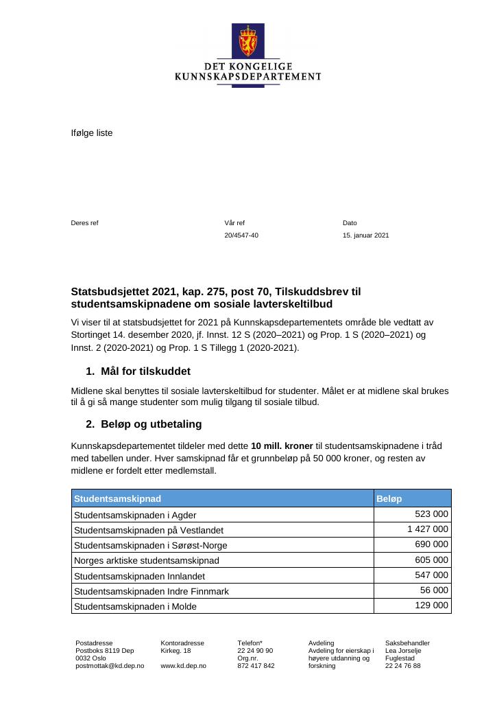 Forsiden av dokumentet Tilskuddsbrev til studentsamskipnadene 2021