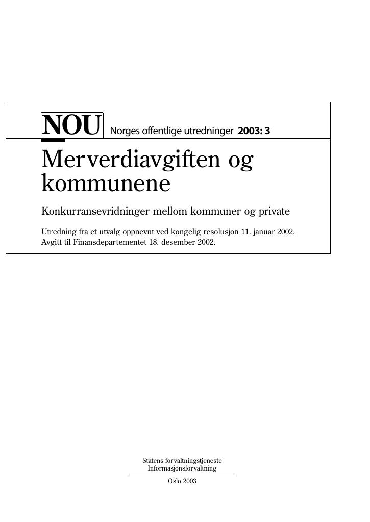 Forsiden av dokumentet NOU 2003: 3 - Merverdiavgiften og kommunene