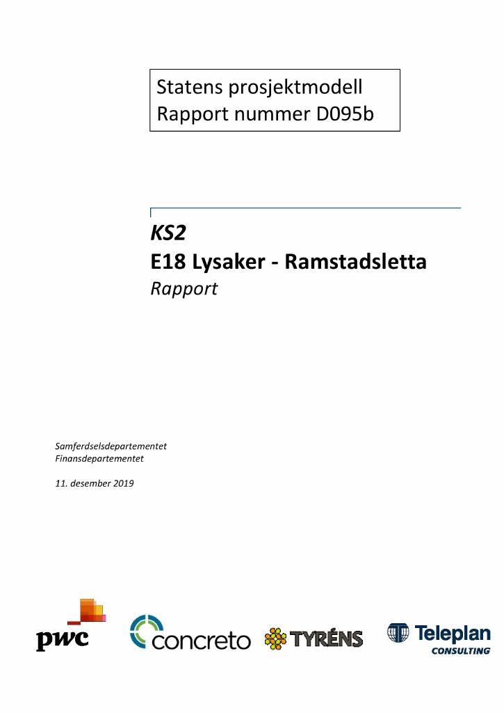 Forsiden av dokumentet Kvalitetssikring (KS2) av E18 Lysaker – Ramstadsletta