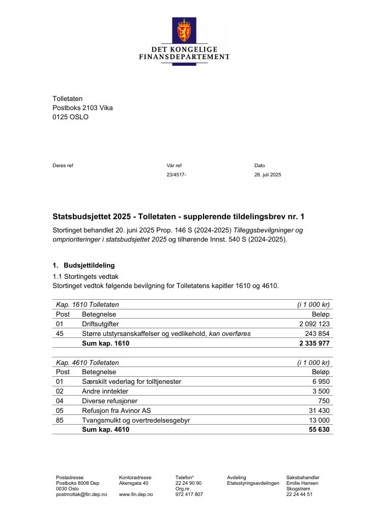 Forsiden av dokumentet Tildelingsbrev Tolletaten 2025 - tillegg nr. 1