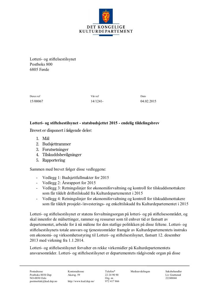 Forsiden av dokumentet Tildelingsbrev (.pdf)