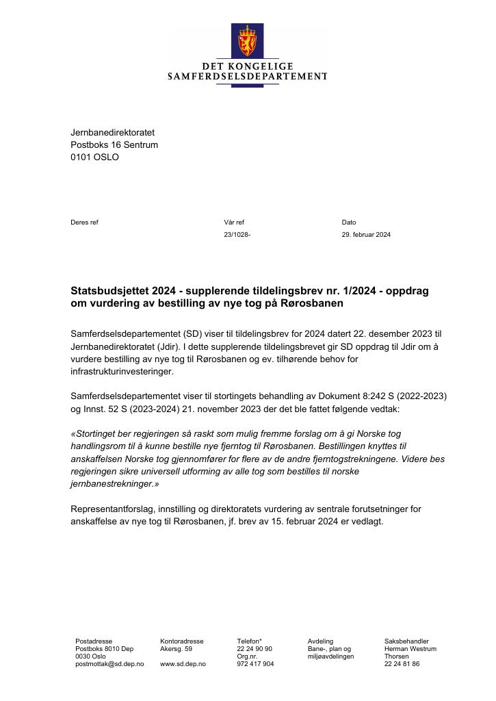 Forsiden av dokumentet Tildelingsbrev Jernbanedirektoratet 2024 - tillegg nr. 1