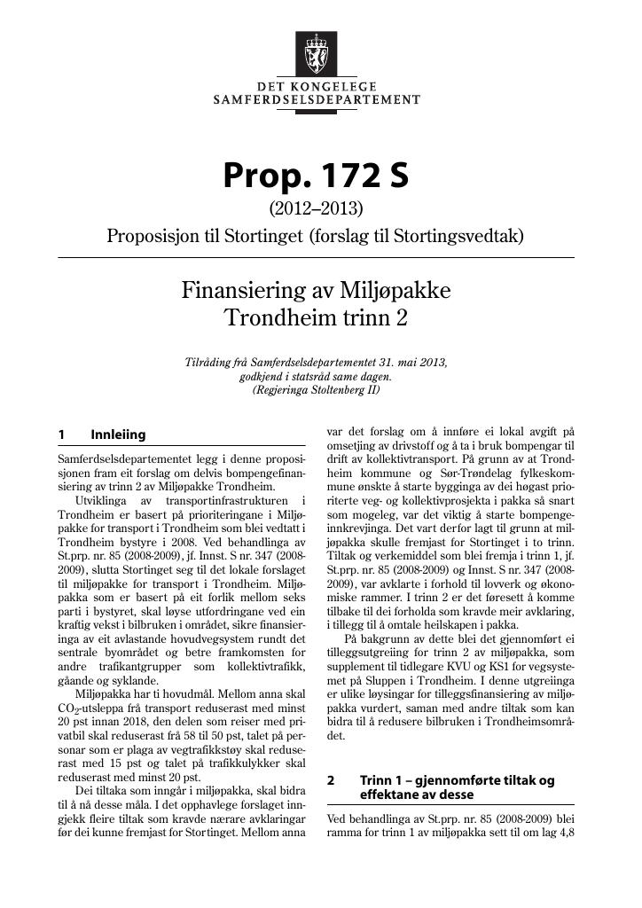 Forsiden av dokumentet Prop. 172 S (2012–2013)