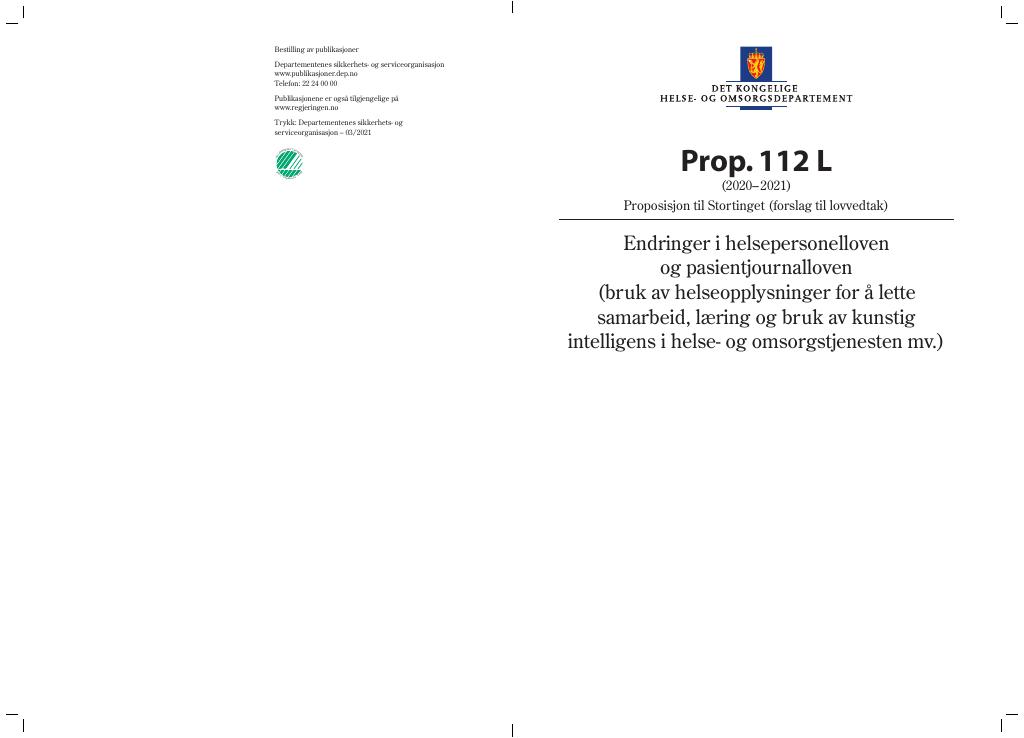 Forsiden av dokumentet Prop. 112 L (2020–2021)