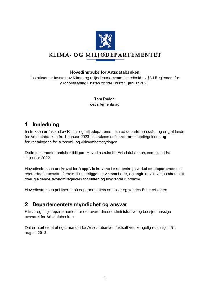 Forsiden av dokumentet Hovedinstruks Artsdatabanken 2023
