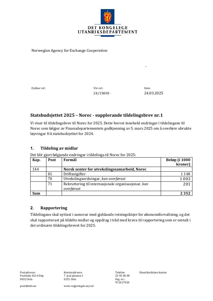 Forsiden av dokumentet Tildelingsbrev Norec 2025 - tillegg nr. 1