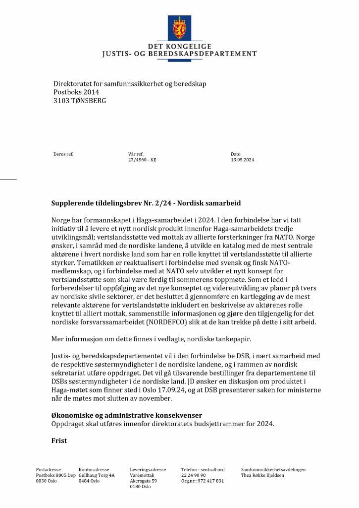 Forsiden av dokumentet Tildelingsbrev Direktoratet for samfunnssikkerhet og beredskap 2024 - tillegg nr. 2