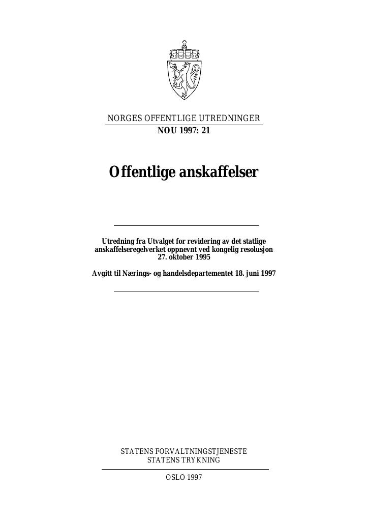 Forsiden av dokumentet NOU 1997: 21 - Offentlige anskaffelser