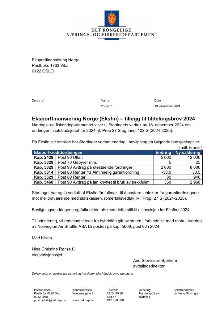 Forsiden av dokumentet Tildelingsbrev Eksportfinansiering Norge (Eksfin) 2024) - tillegg nr. 1