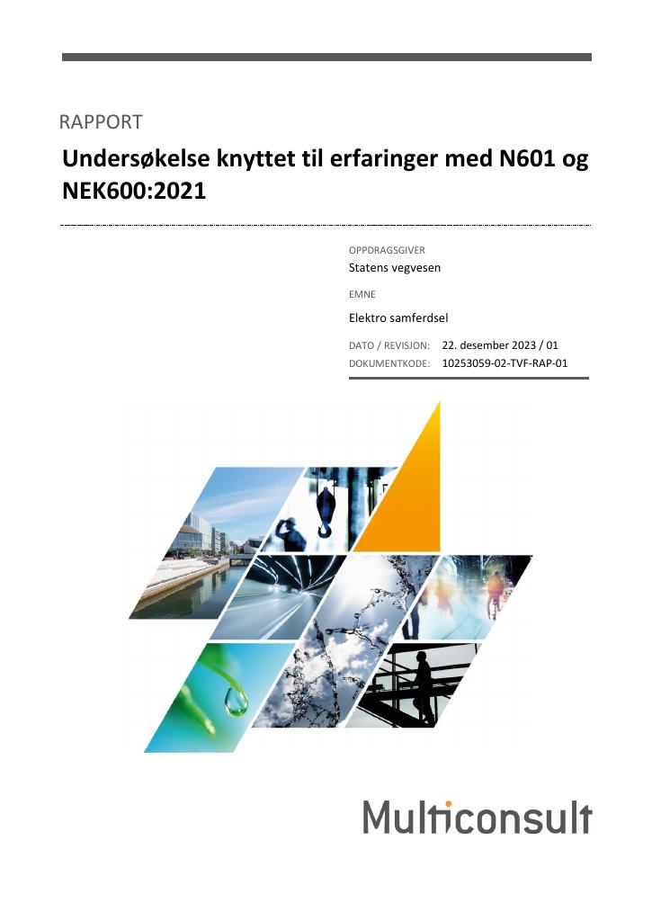 Forsiden av dokumentet Undersøkelse knyttet til erfaringer med N601 og NEK600:2021