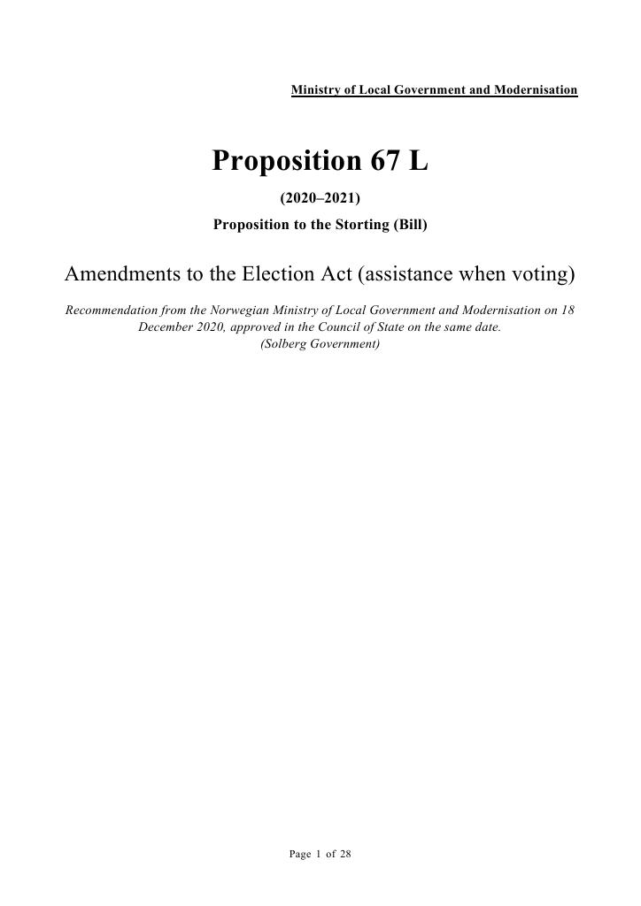 Forsiden av dokumentet Prop. 67 L (2020–2021)