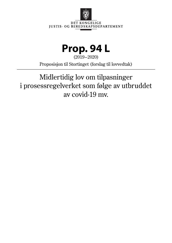 Forsiden av dokumentet Prop. 94 L (2019–2020)