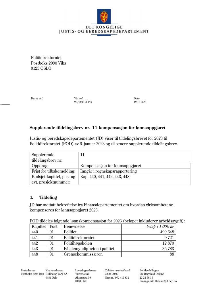 Forsiden av dokumentet Tildelingsbrev Politiet 2023 - tillegg nr. 11