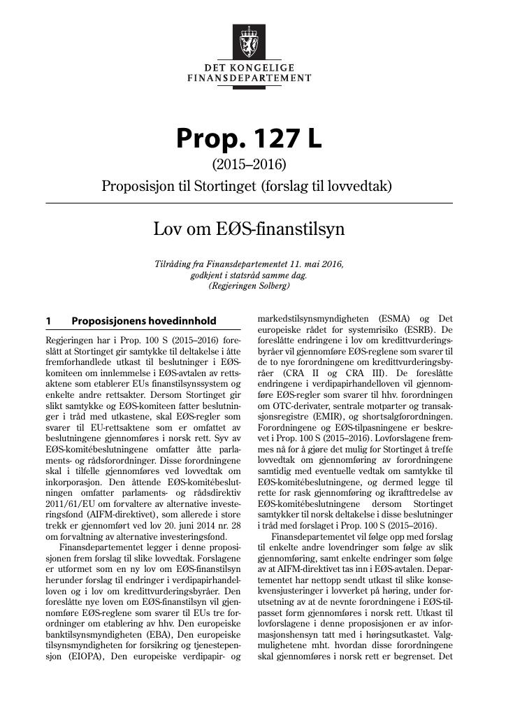 Forsiden av dokumentet Prop. 127 L (2015–2016)