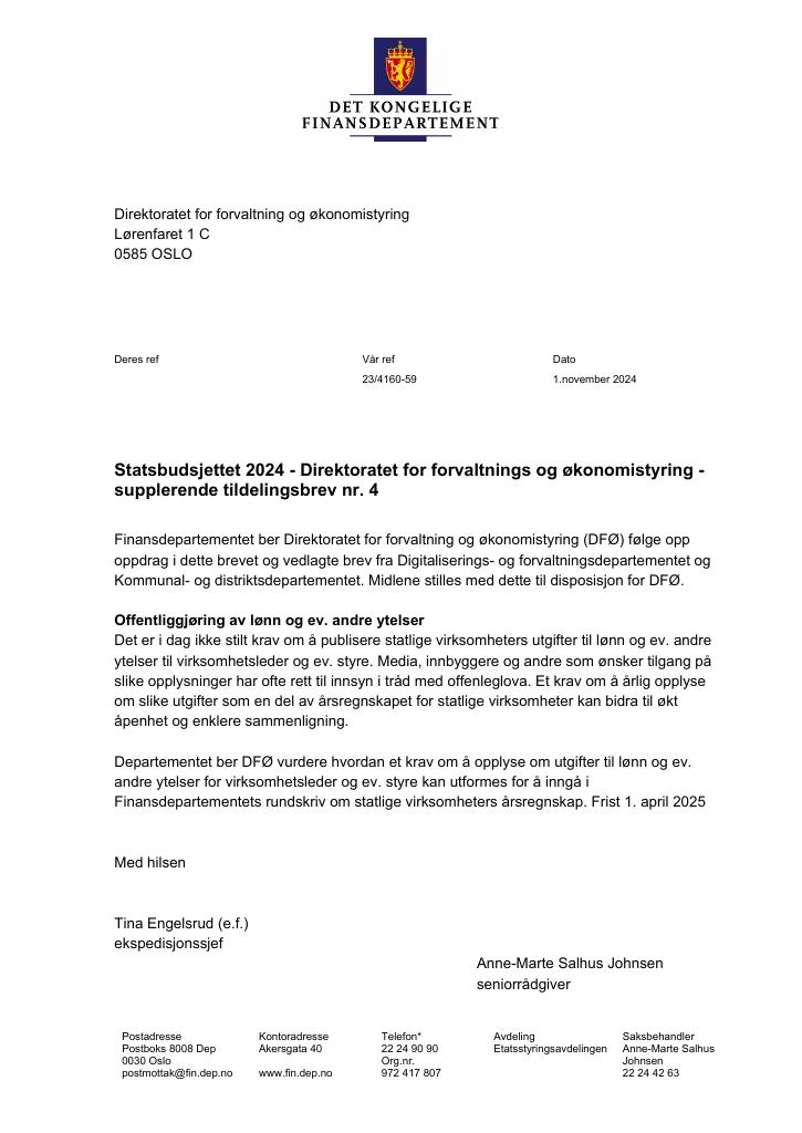 Forsiden av dokumentet Tildelingsbrev Direktoratet for forvaltning og økonomistyring 2024 - tillegg nr. 4