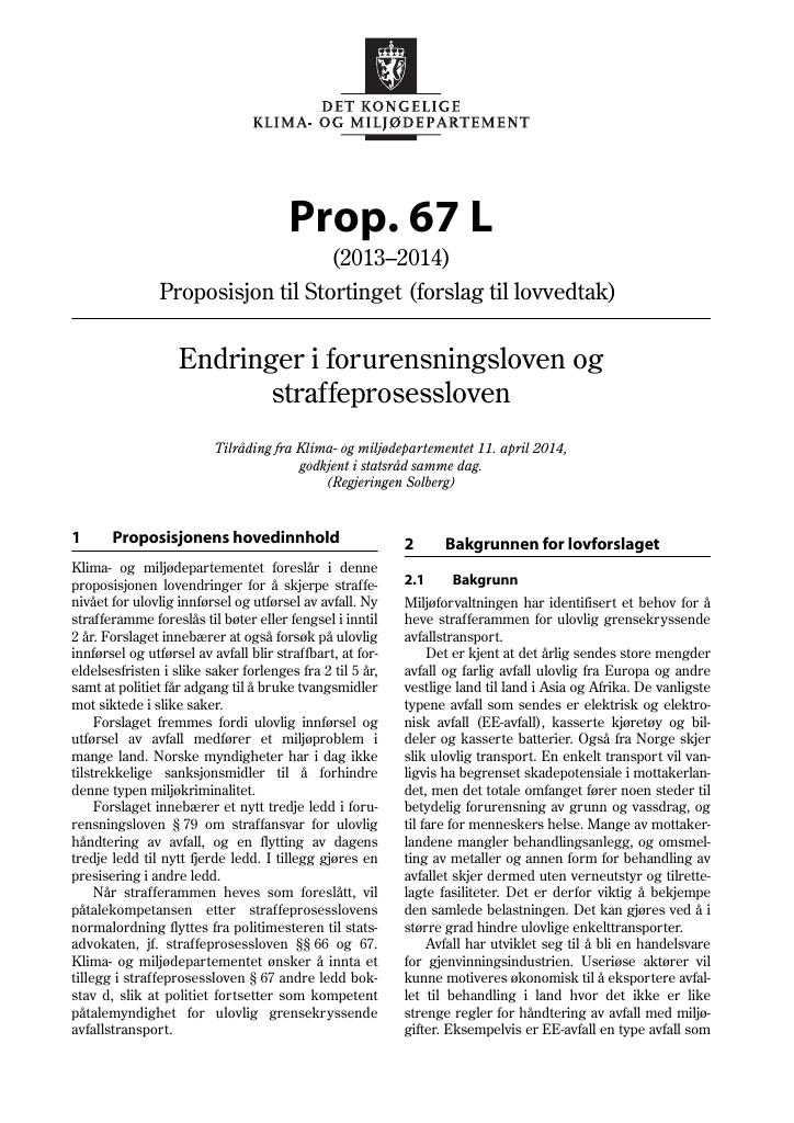 Forsiden av dokumentet Prop. 67 L (2013–2014)