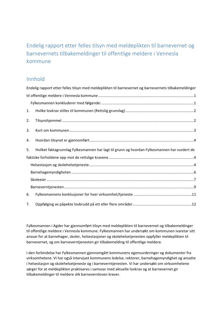 Forsiden av dokumentet Endelig rapport etter felles tilsyn med meldeplikten til barnevernet og barnevernets tilbakemeldinger til offentlige meldere i Vennesla  kommune