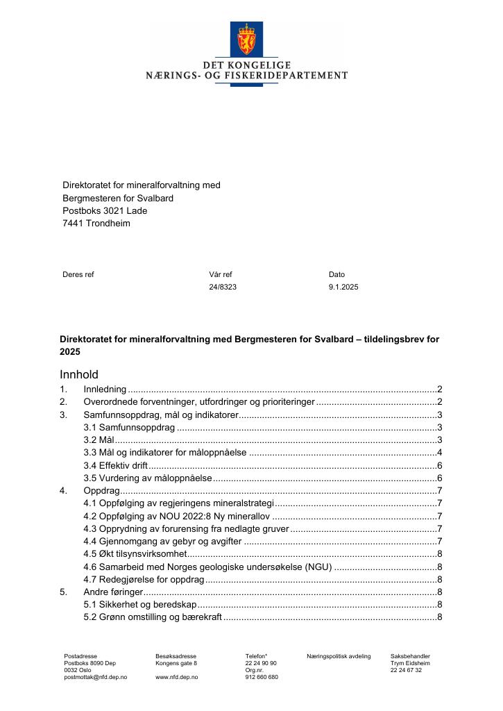 Forsiden av dokumentet Tildelingsbrev Direktoratet for mineralforvaltning med Bergmesteren for Svalbard 2025
