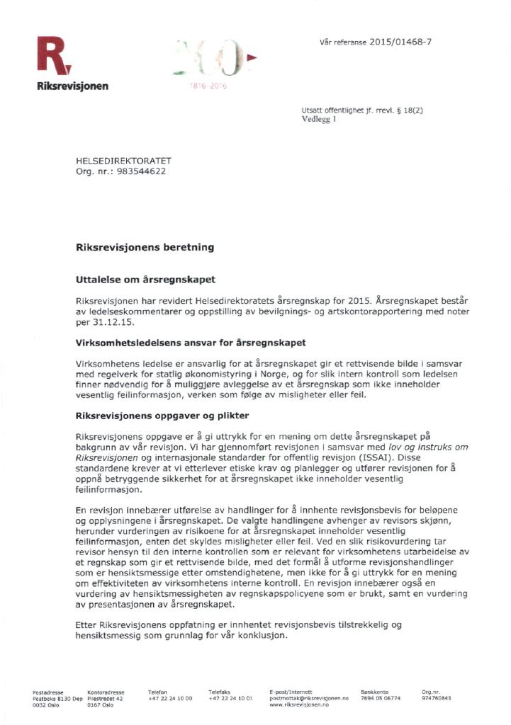 Forsiden av dokumentet Revisjonsberetning Helsedirektoratet 2015