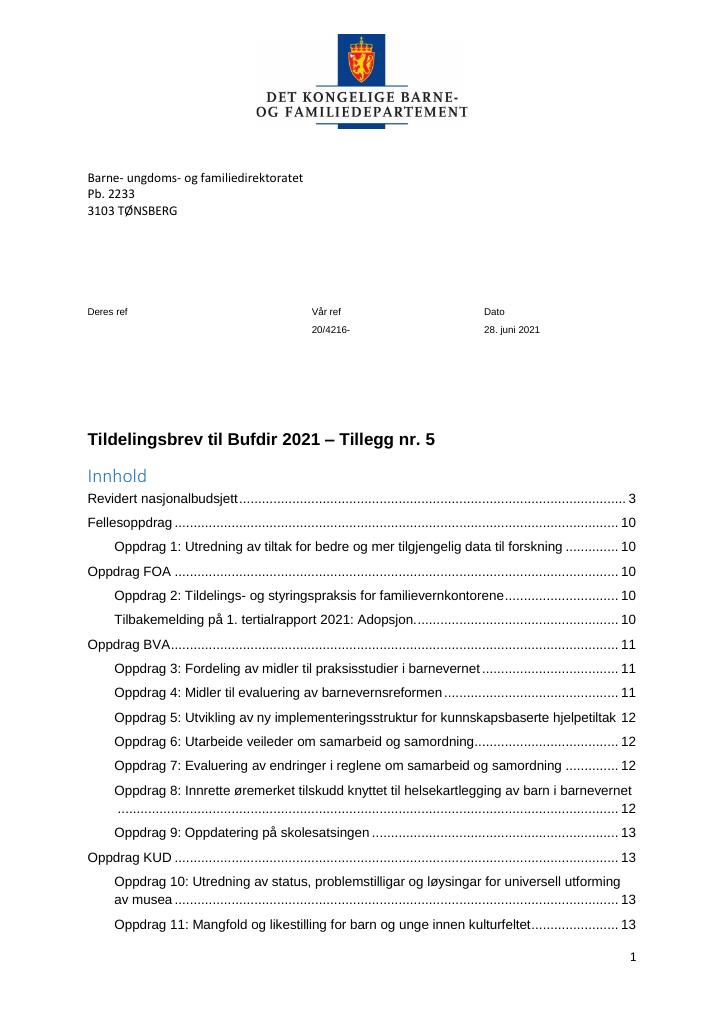 Forsiden av dokumentet Tildelingsbrev Bufdir 2021 - tillegg nr. 5