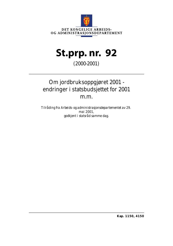 Forsiden av dokumentet St.prp. nr. 92 (2000-2001)
