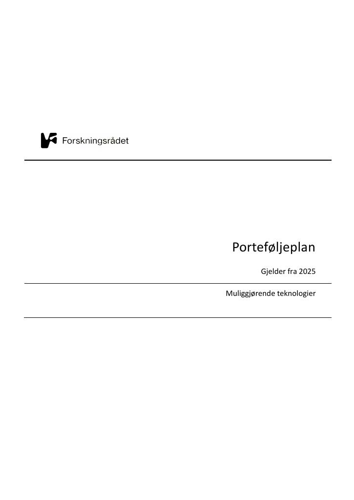 Forsiden av dokumentet Porteføljeplan for Muliggjørende teknologier
