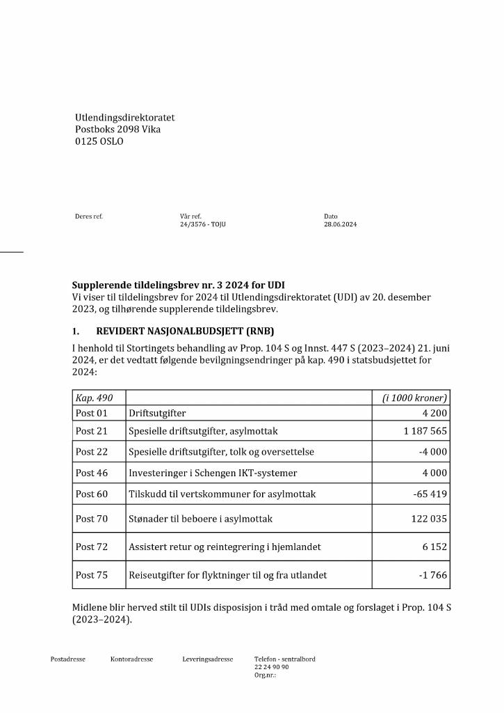 Forsiden av dokumentet Tildelingsbrev Utlendingsdirektoratet 2024 - tillegg nr. 3