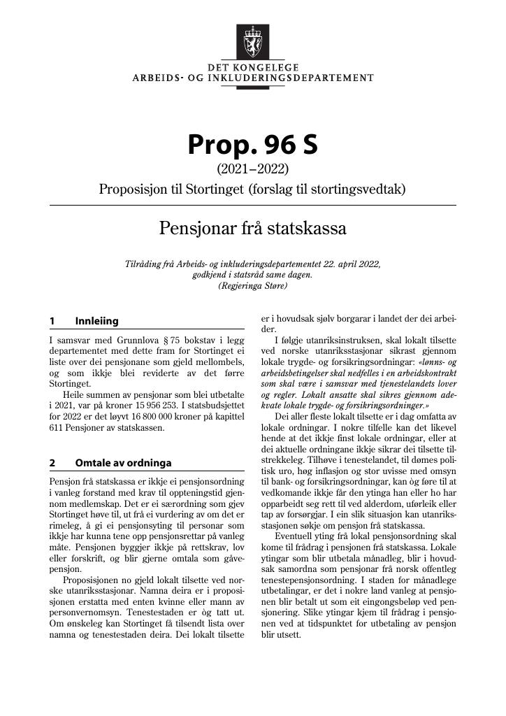 Forsiden av dokumentet Prop. 96 S (2021–2022)
