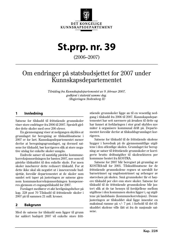Forsiden av dokumentet St.prp. nr. 39 (2006-2007)