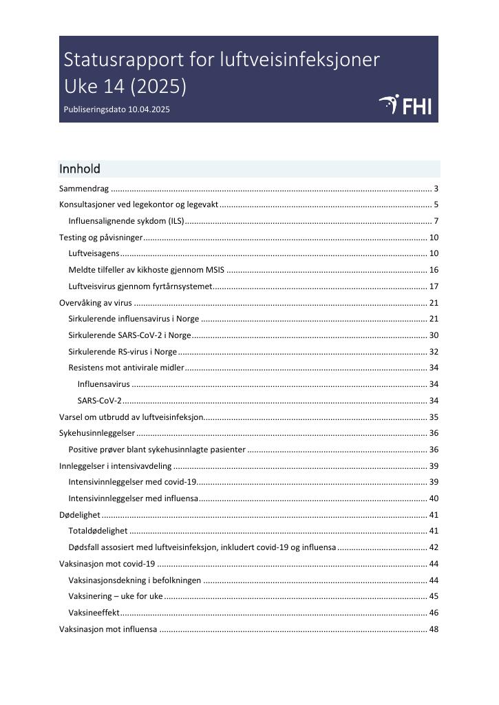 Forsiden av dokumentet Statusrapport for luftveisinfeksjoner