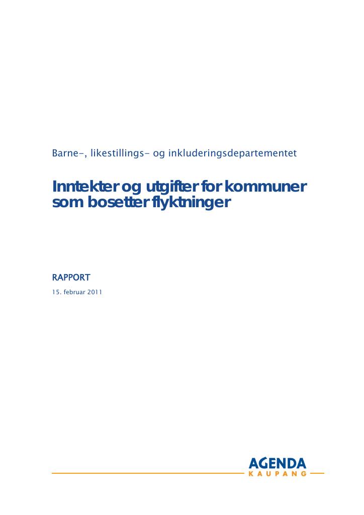 Forsiden av dokumentet Inntekter og utgifter for kommuner som bosetter flyktninger