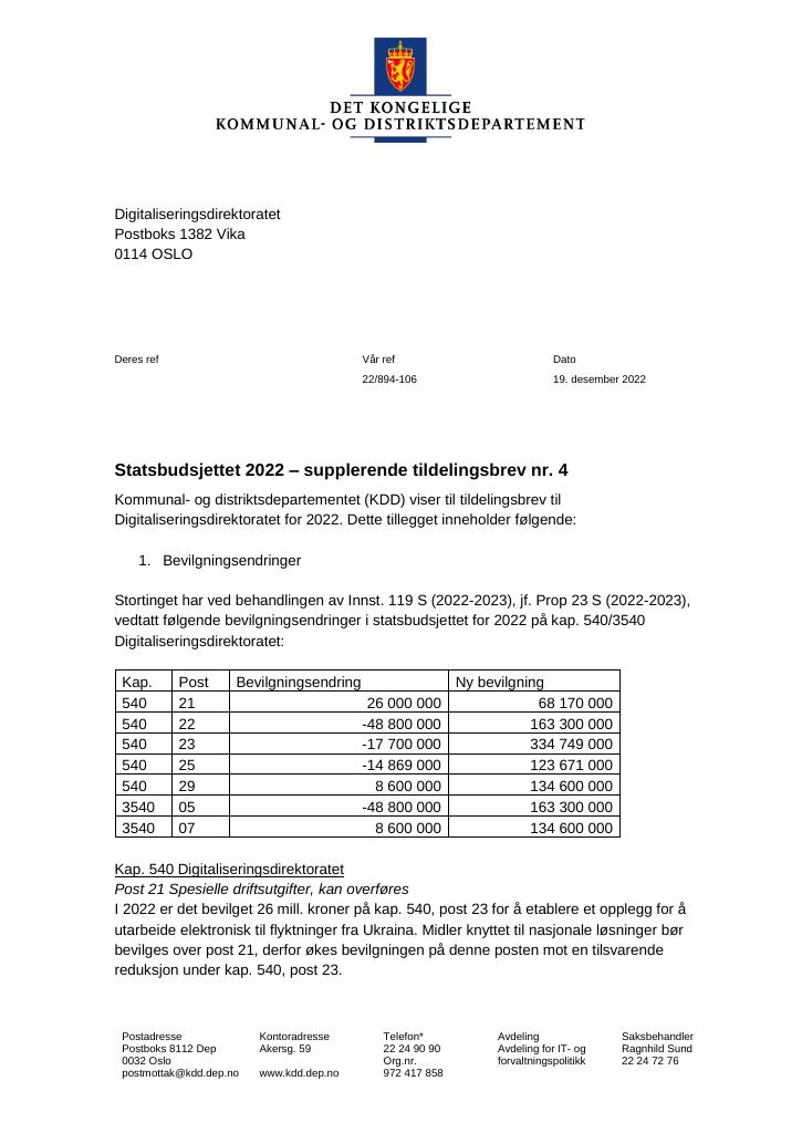 Forsiden av dokumentet Tildelingsbrev Digdir 2022 - tillegg nr. 4