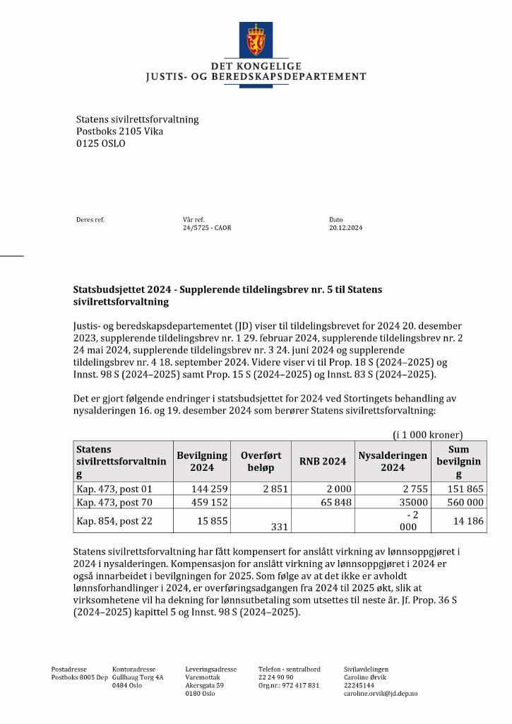 Forsiden av dokumentet Tildelingsbrev Statens sivilrettsforvaltning 2024 - tillegg nr. 5