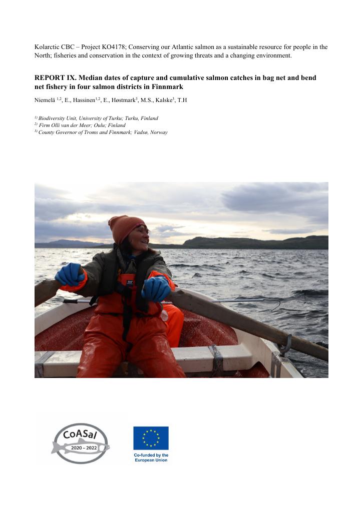 Forsiden av dokumentet REPORT IX. Median dates of capture and cumulative salmon catches in bag net and bend net fishery in four salmon districts in Finnmark