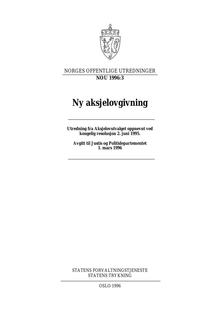 Forsiden av dokumentet NOU 1996: 3 - Ny aksjelovgivning