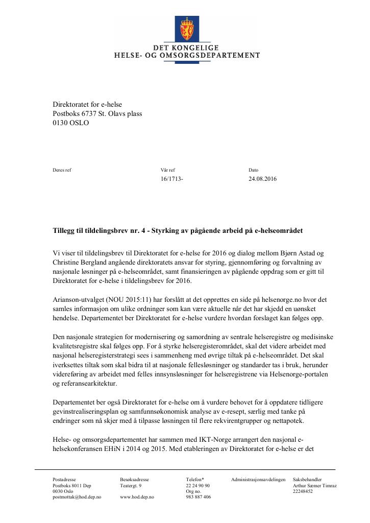 Forsiden av dokumentet Tildelingsbrev Direktoratet for e-helse 2022 - tillegg nr. 4