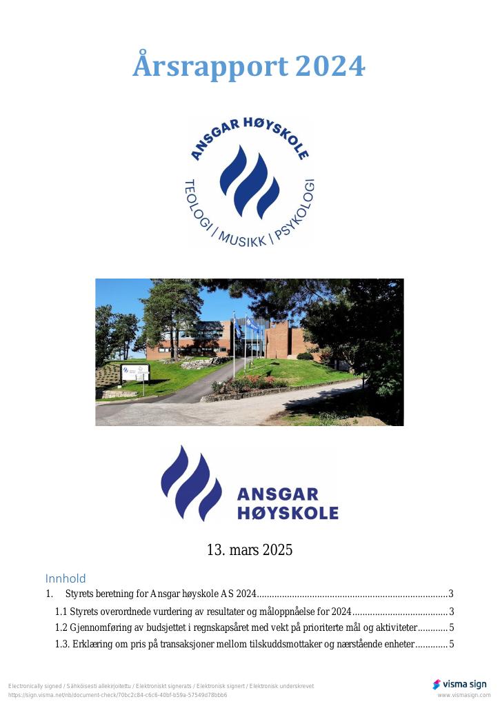 Forsiden av dokumentet Årsrapport Ansgar høyskole 2024