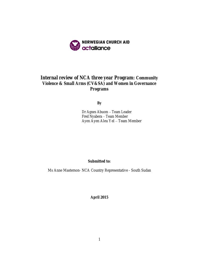 Forsiden av dokumentet Evaluation of NCA Community Violence & Small Arms (CV&SA) and Women in Governance Programs