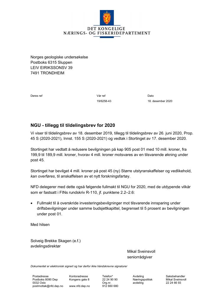 Forsiden av dokumentet Tildelingsbrev Norges geologiske undersøkelse 2020 - tillegg