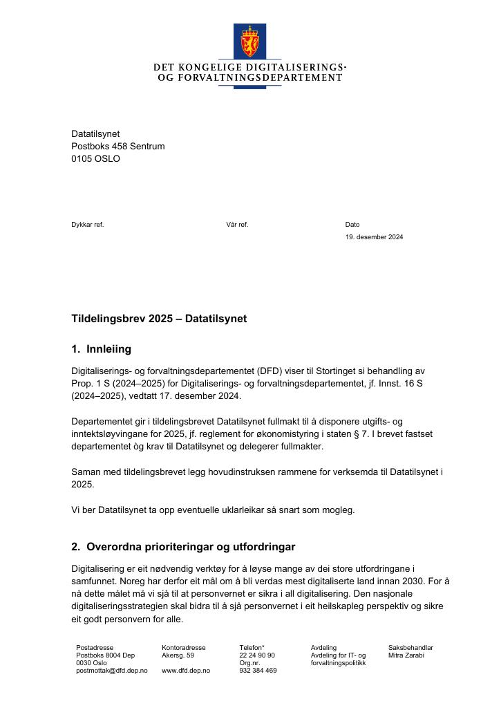 Forsiden av dokumentet Tildelingsbrev Datatilsynet 2025