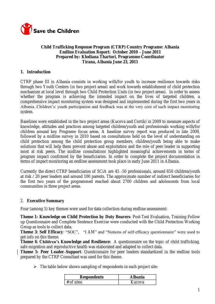 Forsiden av dokumentet Albania End-line Evaluation of Phase III of the Child Trafficking Response Programme (CTRP)