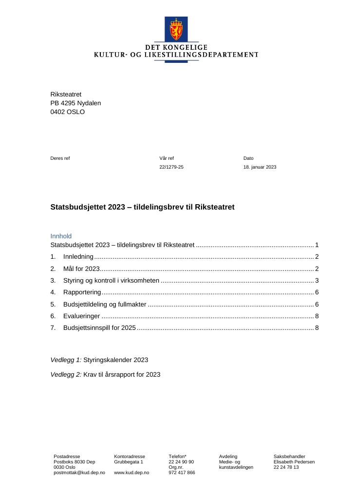 Forsiden av dokumentet Tildelingsbrev Riksteatret 2023